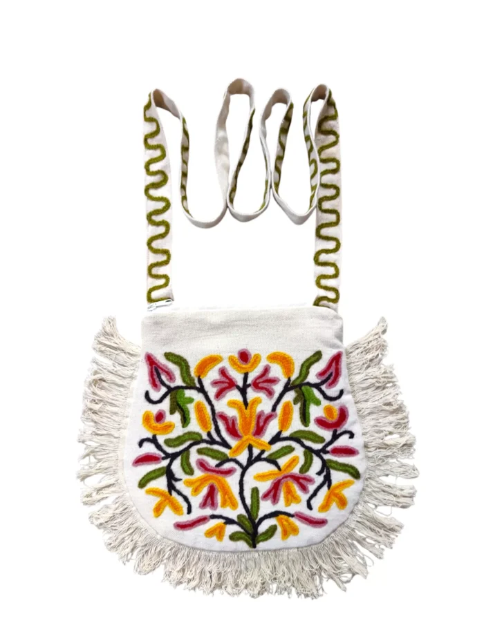 White Kashmiri Sling Bag With Zip and Crewel Hand Embroidery