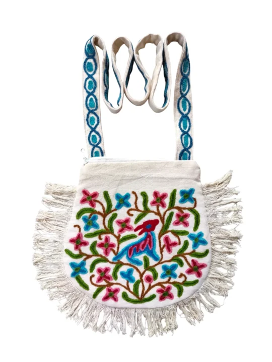 White and Blue Sling Bag With Zip and Crewel Hand Embroidery