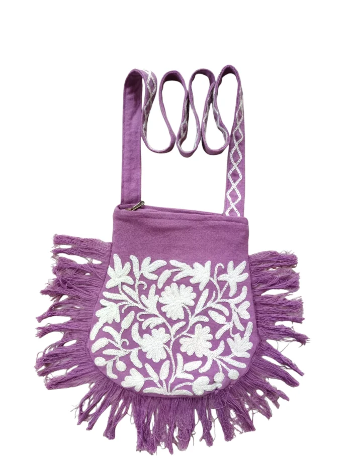 Purple Sling Bag With Zip and Crewel Hand Embroidery