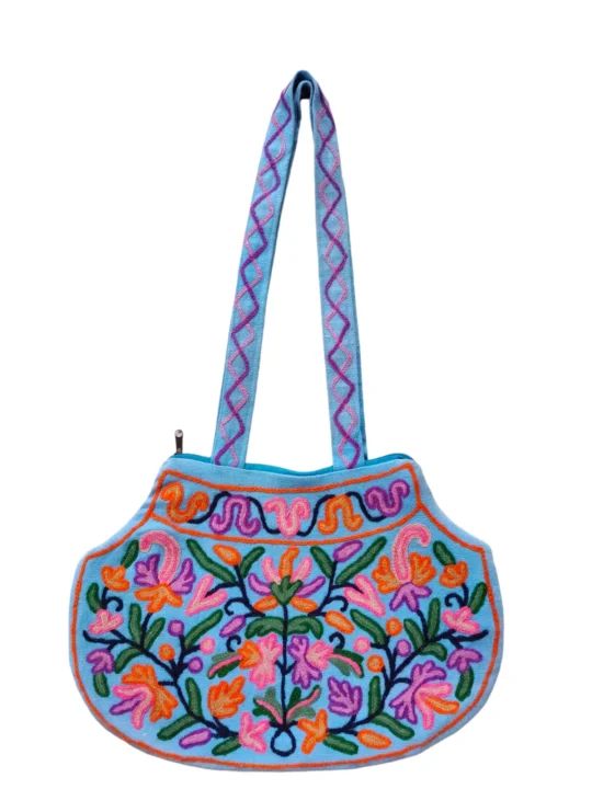 Kashmiri Blue Handbag Crewel Shoulder Bag Pentagon