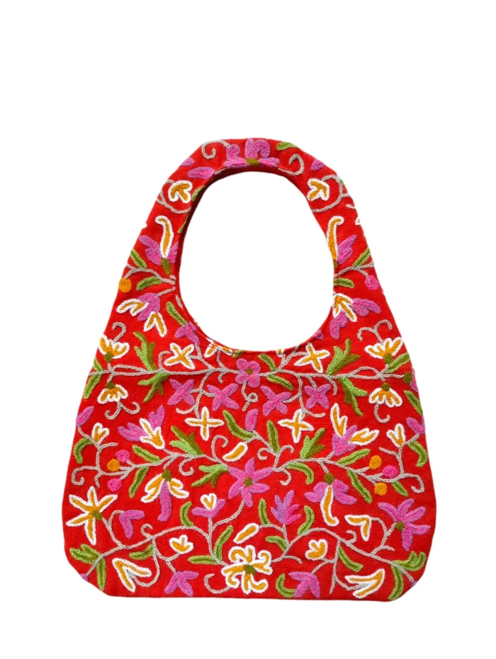 Kashmiri Red Purse Handbag Crewel Handworked | Large