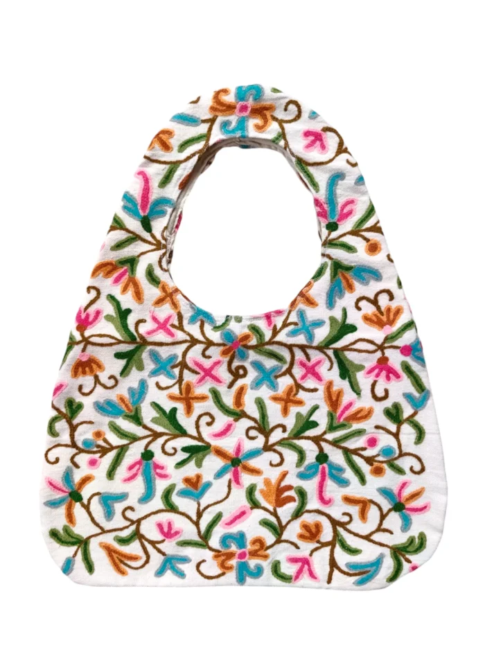 Kashmiri White Purse Handbag Crewel Handworked | Large