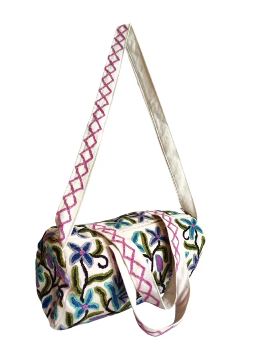 White Floral Kashmiri Duffel Bag |  Travel Bag | Medium