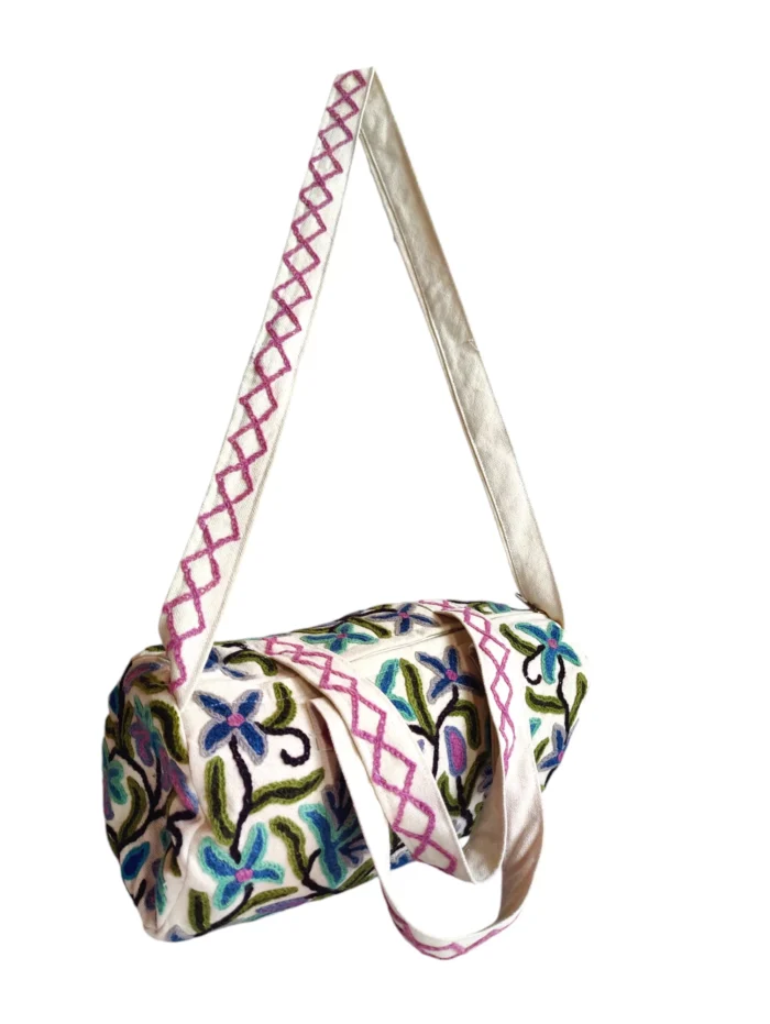 White Floral Kashmiri Duffel Bag |  Travel Bag | Medium