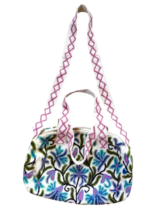 White Floral Kashmiri Duffel Bag | Can be used as Baby Bag