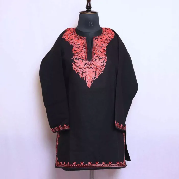 Mehbooba Black Woolen Kashmiri Short Kurta for Winter Wear (42/31) - Cashmere Royale