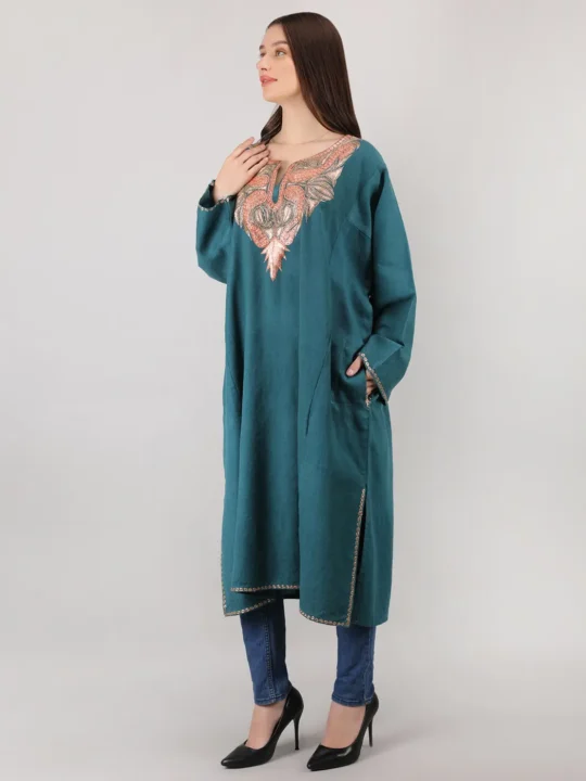 Teal Blue Kashmiri Tilla Embroidered Raffal Pheran for Winter Wear - pashnoor