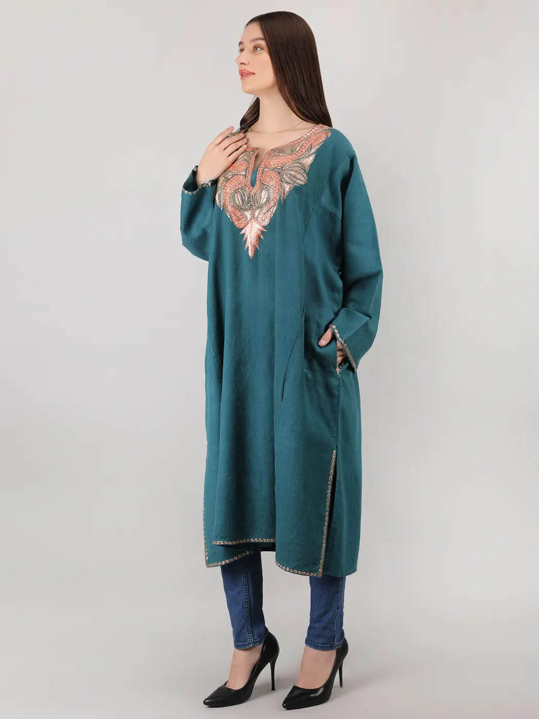 Teal Blue Kashmiri Tilla Embroidered Raffal Pheran for Winter Wear - pashnoor