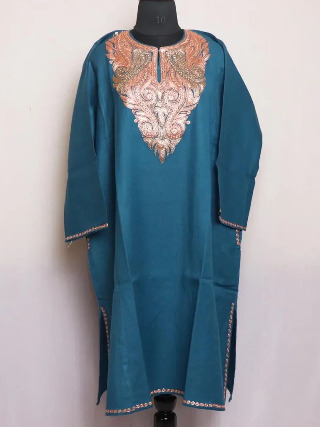 Teal Blue Kashmiri Tilla Embroidered Raffal Pheran for Winter Wear - pashnoor - Image 4