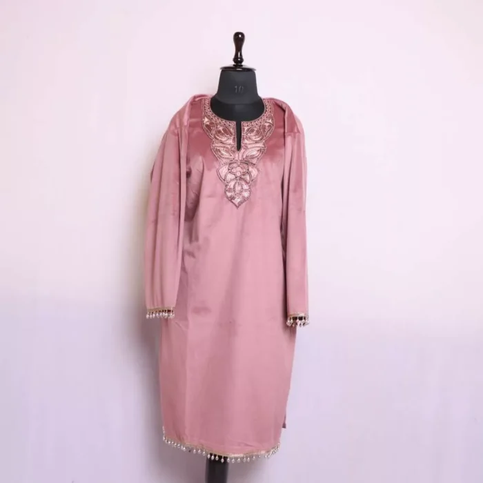 Beautiful Pink Velvet Tilla Pheran Kurta from Kashmir - Iltija