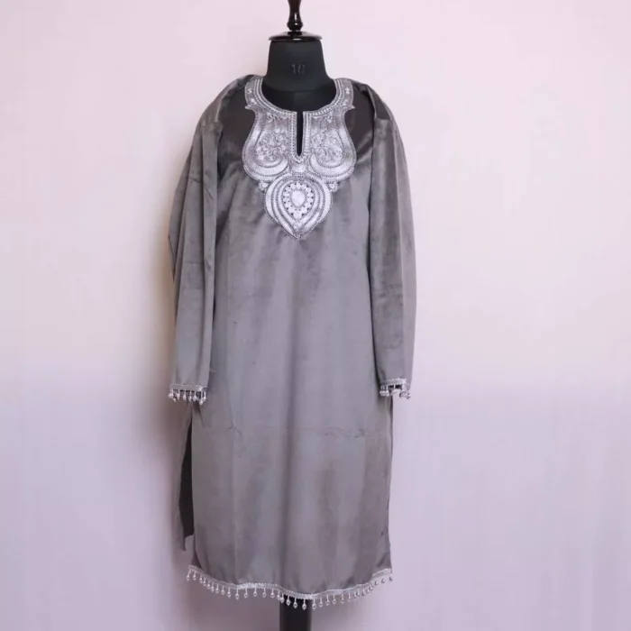 Grey Velvet Tilla Pheran/Phiran Kurta from Kashmir - Iltija