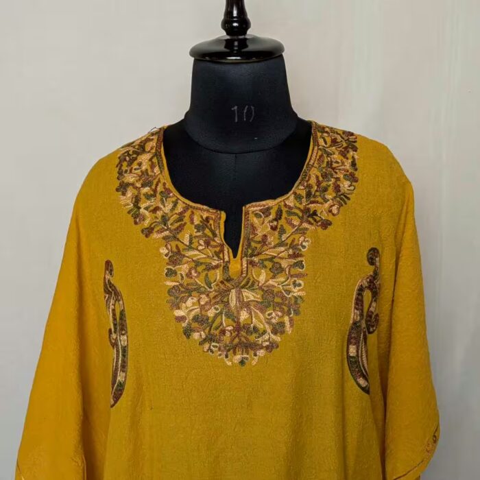 Mustard Yellow PoshKashmiri Cotton Kaftan-Handcrafted, Traditional Aari Embroidery (L: 46.5) - Image 3