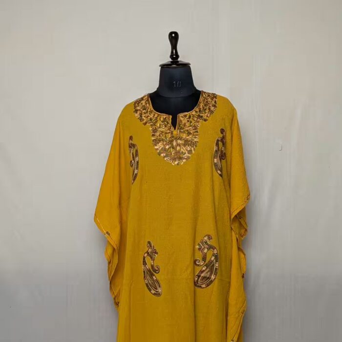 Mustard Yellow PoshKashmiri Cotton Kaftan-Handcrafted, Traditional Aari Embroidery (L: 46.5) - Image 2