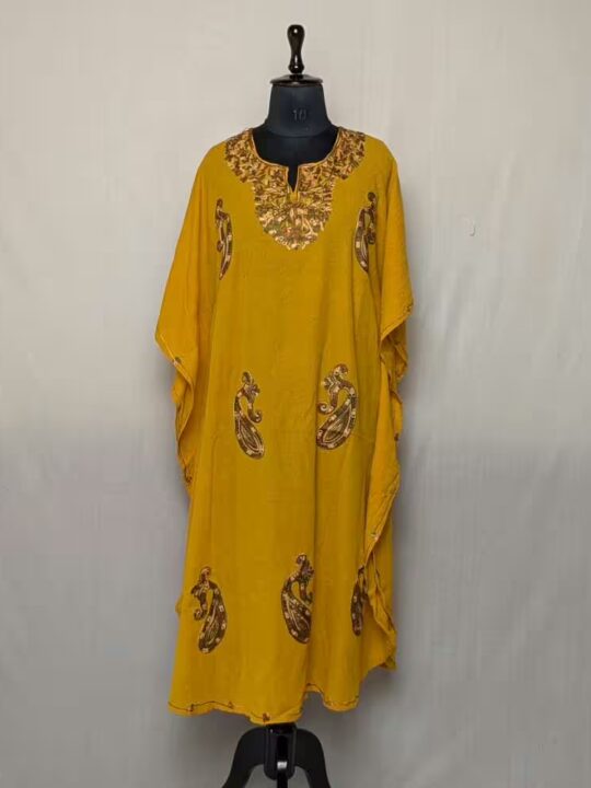 Mustard Yellow PoshKashmiri Cotton Kaftan-Handcrafted, Traditional Aari Embroidery (L: 46.5)