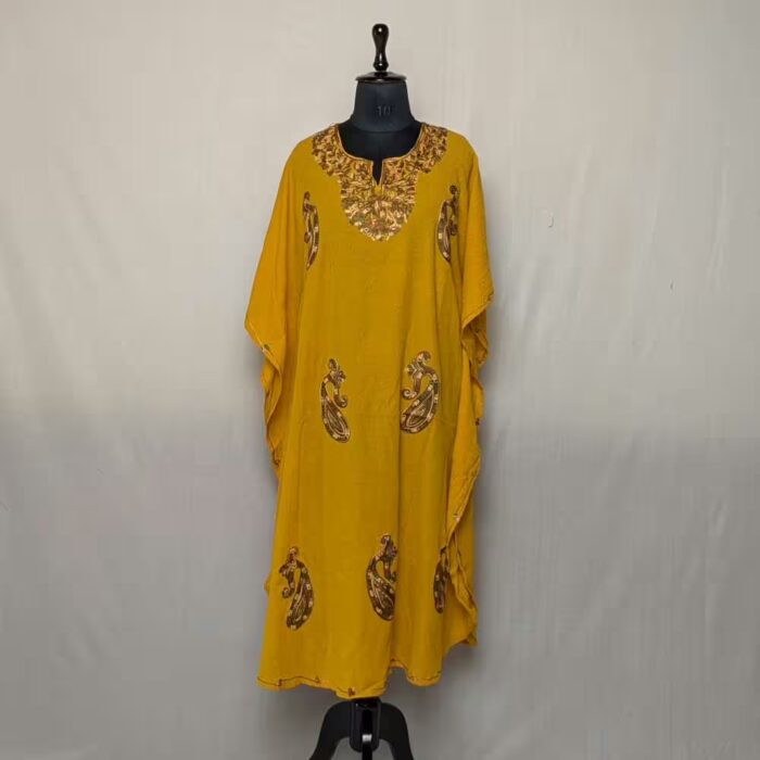 Mustard Yellow PoshKashmiri Cotton Kaftan-Handcrafted, Traditional Aari Embroidery (L: 46.5)