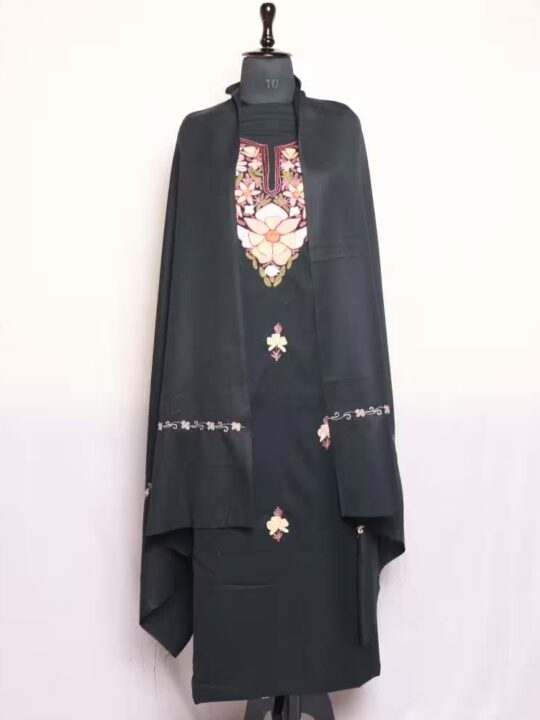 Black Posha Kaam Woolen Suit Spun 3PC- Unstiched Dress, Aari Embroidered
