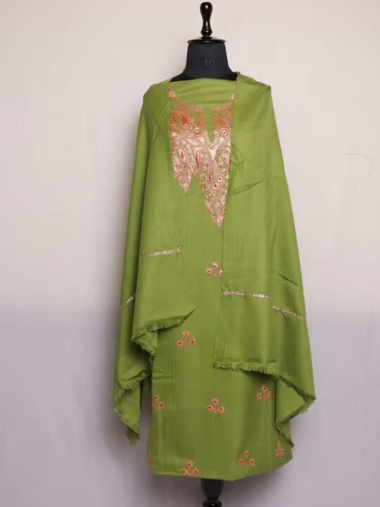 Light Green Tilla Kashmiri Woolen Suit 3PC - Unstiched Dress, All Over  Embroidery - Gyawun