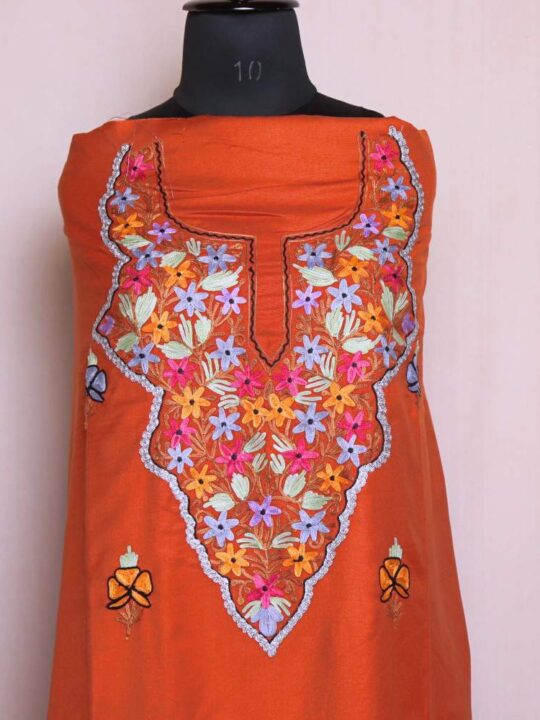 Orange Kashmiri Suit 2PC | Spun Material | With Aari Work Posh Bootis | Gul Posh Collection