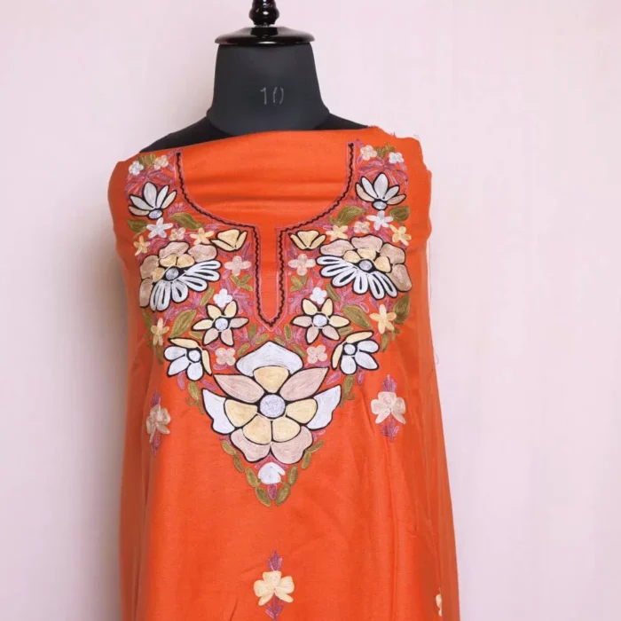 Bodh Posh Orange Woolen Kashmiri Suit 2PC | Spun Material | With Aari Work | Gul Posh Collection - Image 3