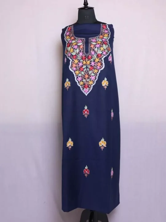 Spun Material | Blue Woolen Kashmiri Suit 2PC | With Aari Work Posh Bootis | Gul Posh Collection