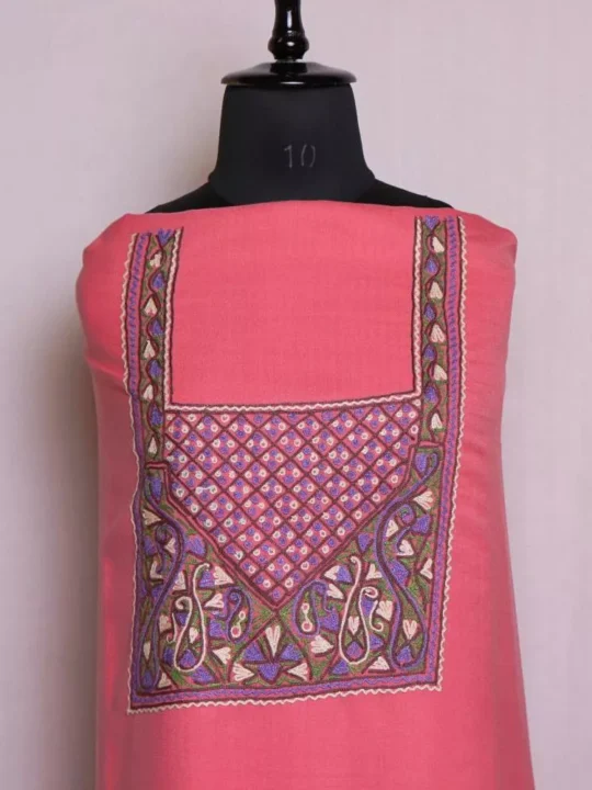Kashmiri Suit 3PC Pink Color With Hand Aari Embroidery | For Winter With Dupatta | Shoobwun Collection