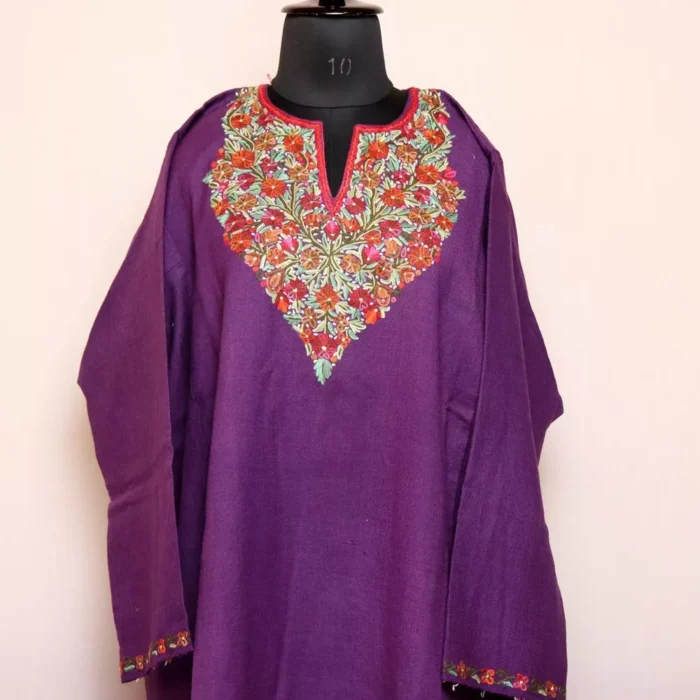 Royal Elegance: Violet Kashmiri Pheran Adorned with Aari Artistry