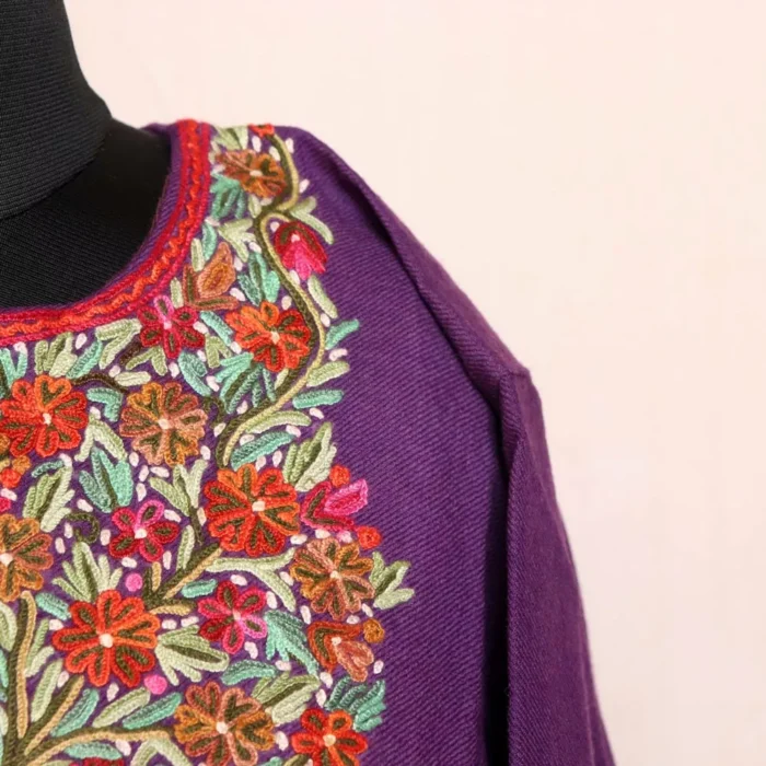 Royal Elegance: Violet Kashmiri Pheran Adorned with Aari Artistry - Image 3