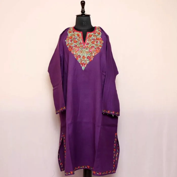 Royal Elegance: Violet Kashmiri Pheran Adorned with Aari Artistry - Image 2