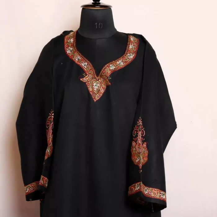 Andrabi Black Kashmiri Pheran in Pure Wool with Sozni Handwork