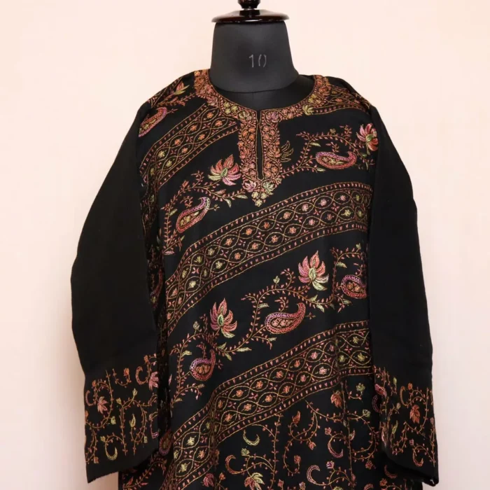 Black Full Jaldar Sozni Handwork Pheran - Pure Wool