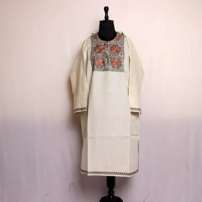 Pheran Kashmiri White Sozni Handwork | Pure Wool Thread Work Phiran - Image 2