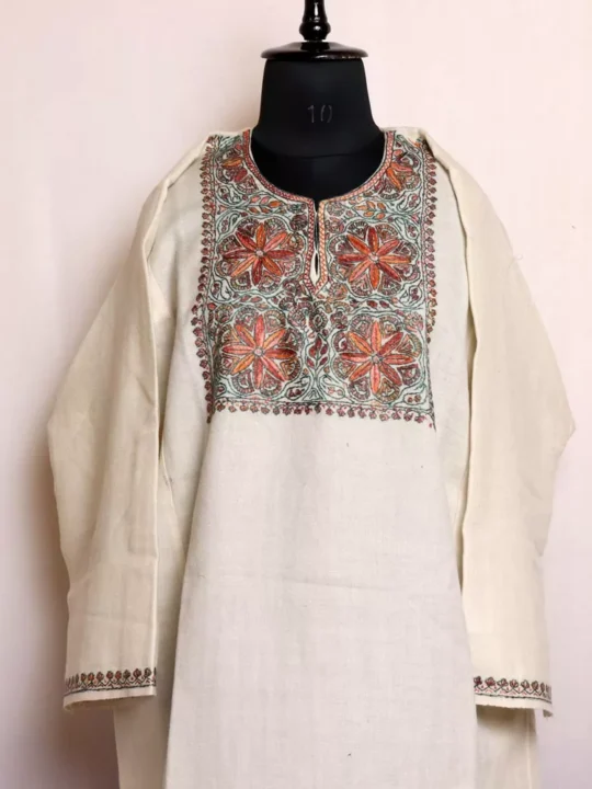 Pheran Kashmiri White Sozni Handwork | Pure Wool Thread Work Phiran