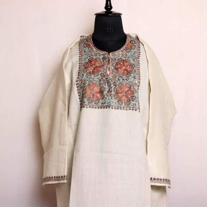 Pheran Kashmiri White Sozni Handwork | Pure Wool Thread Work Phiran