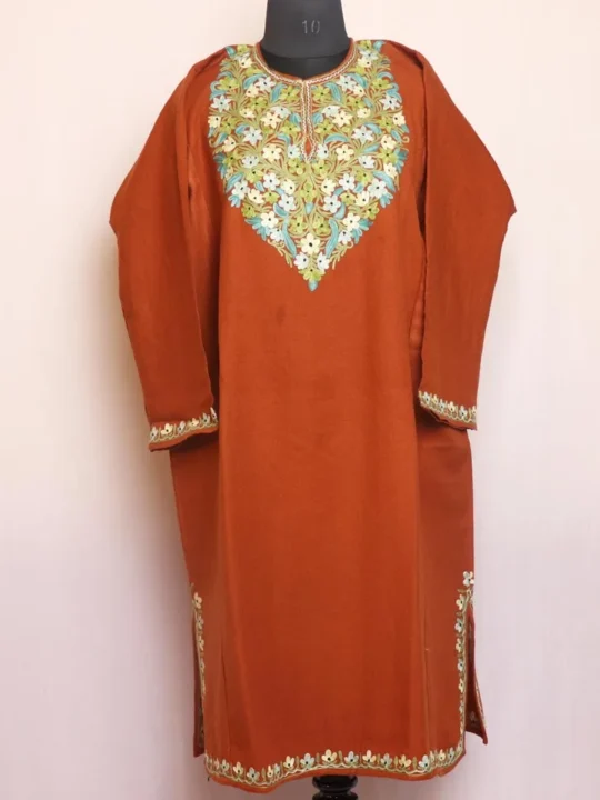 Kashmiri Cashmilon Aari Embroidered Chocolate Pheran for Winter Wear