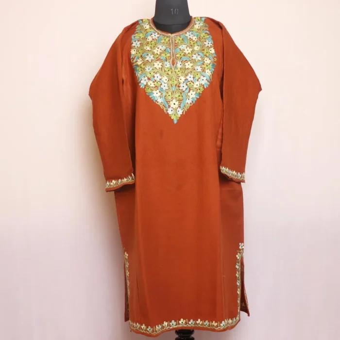 Kashmiri Cashmilon Aari Embroidered Chocolate Pheran for Winter Wear