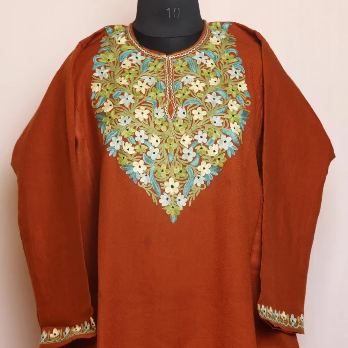 Kashmiri Cashmilon Aari Embroidered Chocolate Pheran for Winter Wear - Image 2