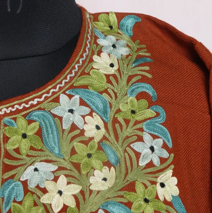 Kashmiri Cashmilon Aari Embroidered Chocolate Pheran for Winter Wear - Image 3