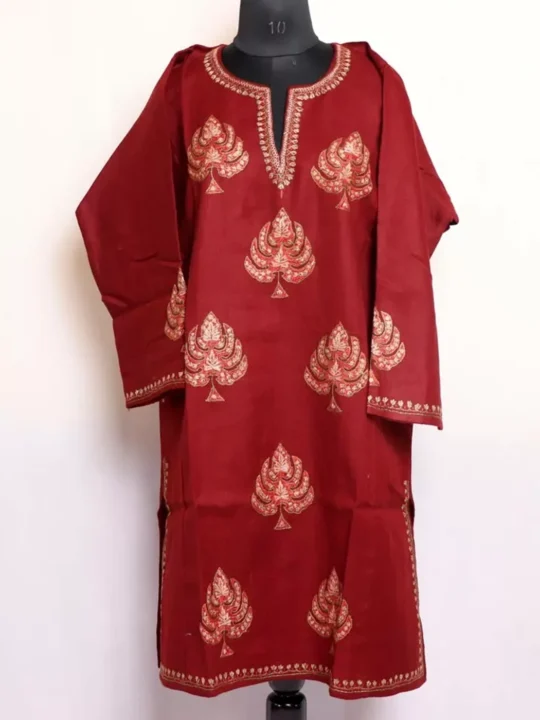 Shahi Maroon Kashmiri Pheran in Pure Wool with Chinari Sozni Handwork (W48)