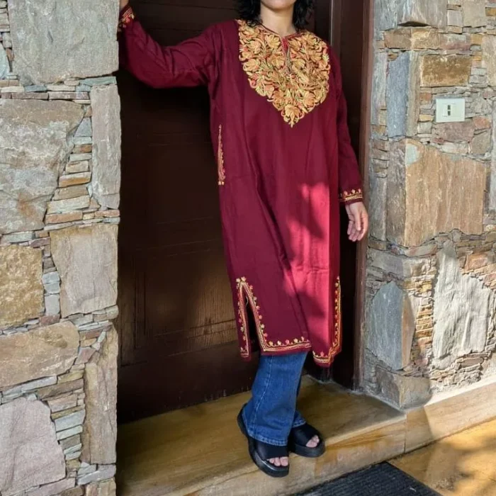 Maroon Kashish Kashmiri Pheran Cashmilon Fabric with Aari Work