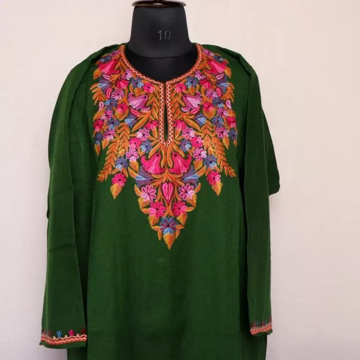 Green Raffal Pheran with Hand Aari -Tal - Image 5