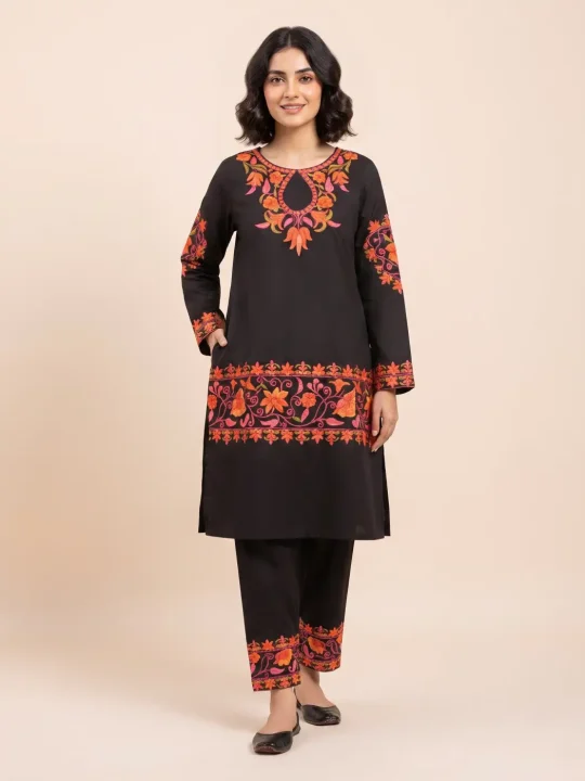 Black Lady Hut Kashmiri Coord Kurta Set for Winter | Very Warm | Maroofa Collection