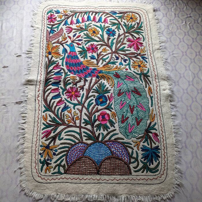 Beautiful Large Wool Namda Rug Peacock Design, Pure Wool and Hand Embroidered 6x4 feet