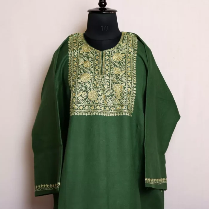 Sozni Work Pheran - Green Pure Wool