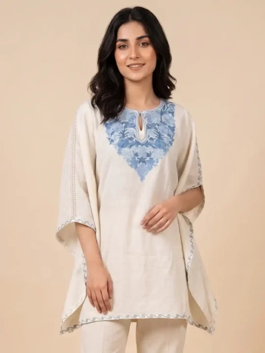 White Cotton Kaftan- Soft Fabric, Aari-Stiched Comfort