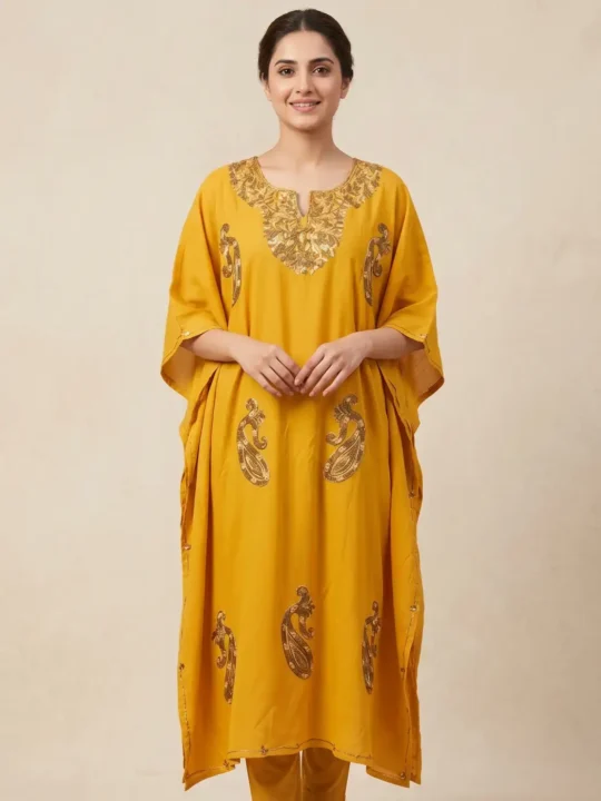 Mustard Yellow PoshKashmiri Cotton Kaftan-Handcrafted, Traditional Aari Embroidery (L: 46.5)