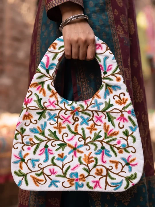 Kashmiri White Purse Handbag Crewel Handwork | Large