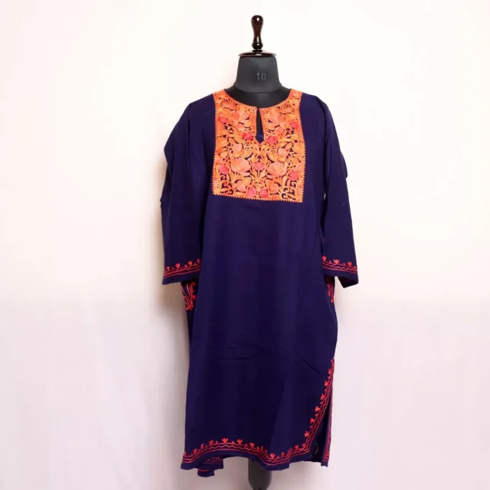 Dark Blue Poshbag Kashmiri Cashmilon Pheran with Aari Embroidery for Winter Wear