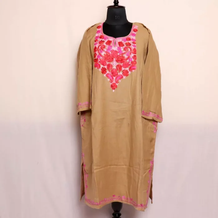 Beige Kashmiri Cashmilon Pheran Baadami Aari Embroidered for Winter