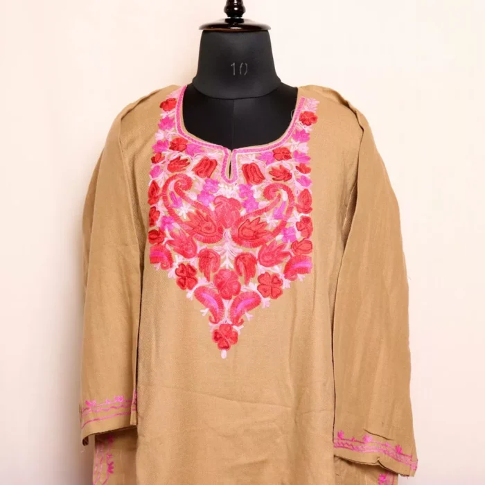 Beige Kashmiri Cashmilon Pheran Baadami Aari Embroidered for Winter - Image 2
