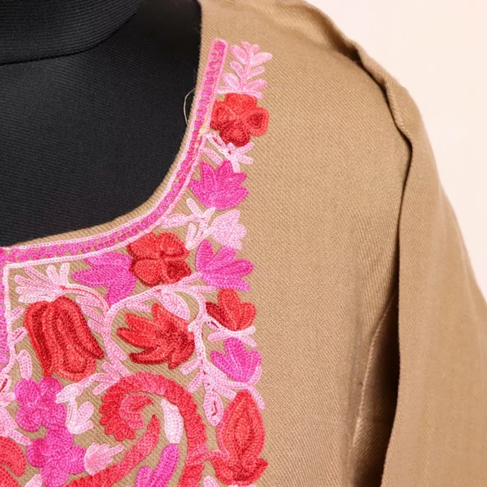 Beige Kashmiri Cashmilon Pheran Baadami Aari Embroidered for Winter - Image 3